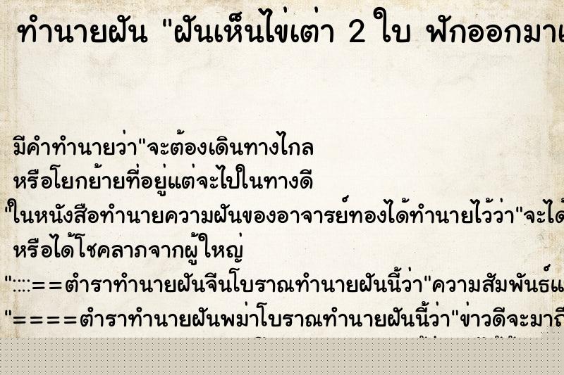 ทำนายฝันทำนายฝันฝันเห็นไข่เต่า2ใบฟักออกมาเป็นตัว2ตัว